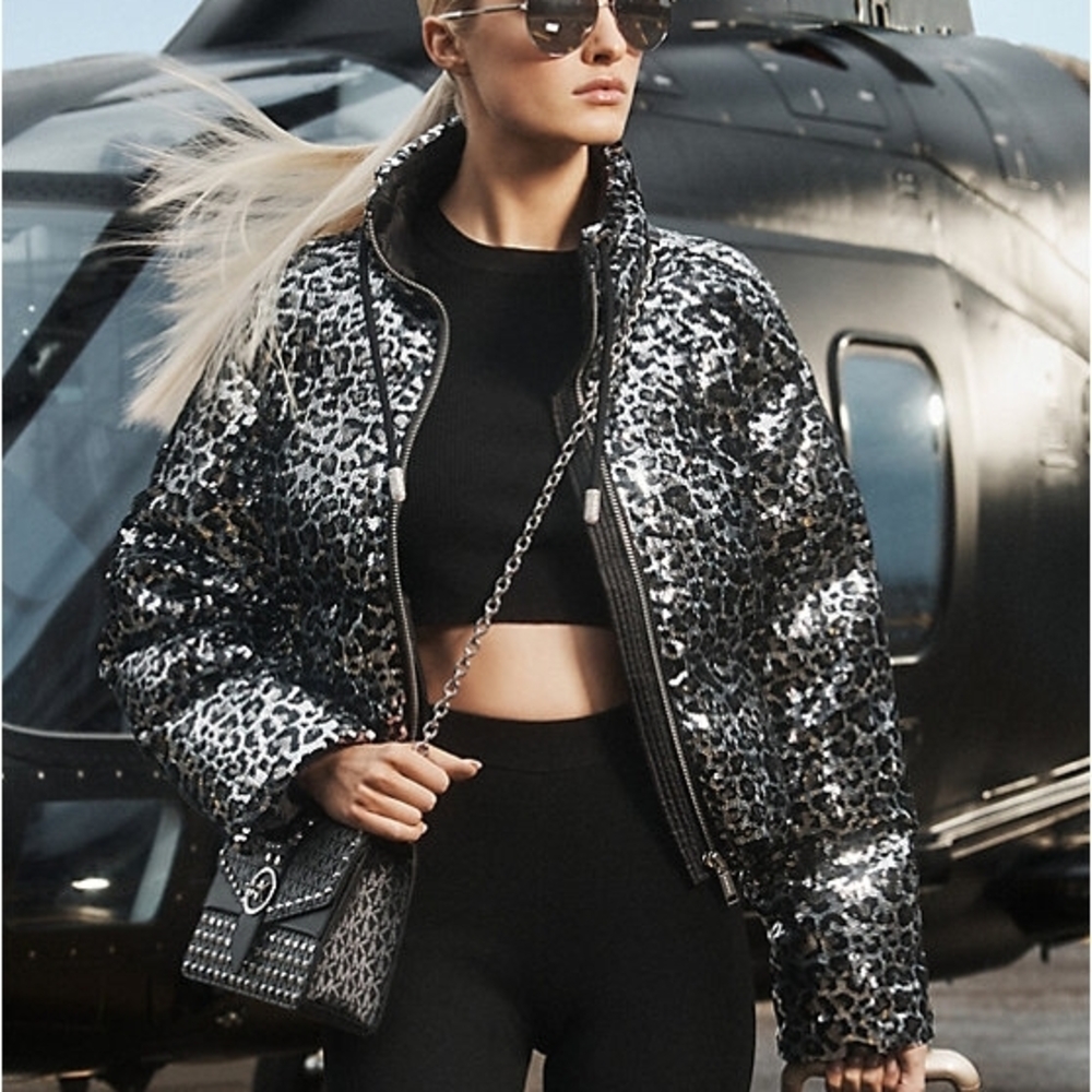Michael Kors Metallic Sequin Leopard Puffer Jacket. Original MSRP $795